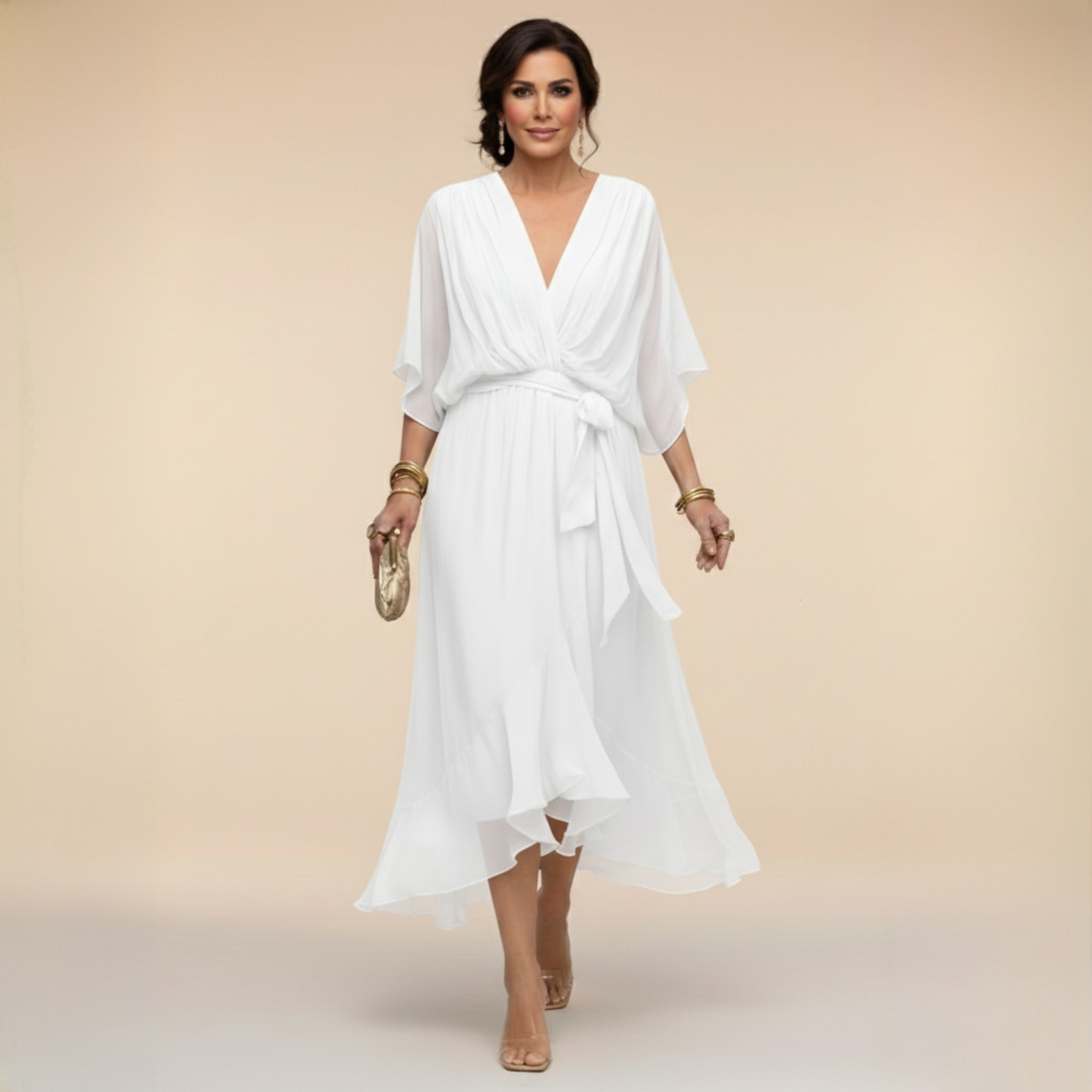 Vestido Midi Mujer Elegante Fluido – Escote V y Cintura Ajustable