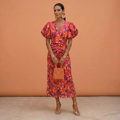 Vestido primavera mujer escote V con mangas abullonadas – estilo elegante femenino