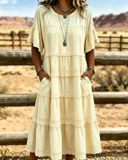 Vestido largo para mujeres de algodón y lino con volantes