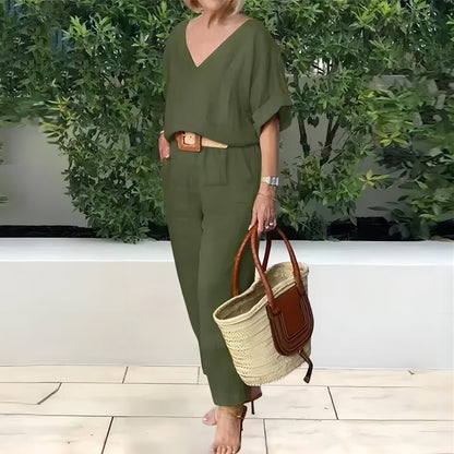 Conjunto mujer cuello V pantalón recto bolsillos casual chic