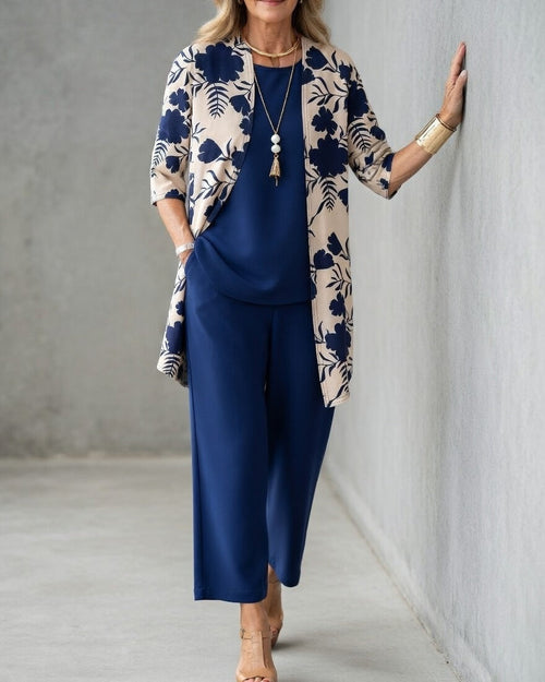 Conjunto mujer 3 piezas elegante – pantalón fluido y chaqueta floral