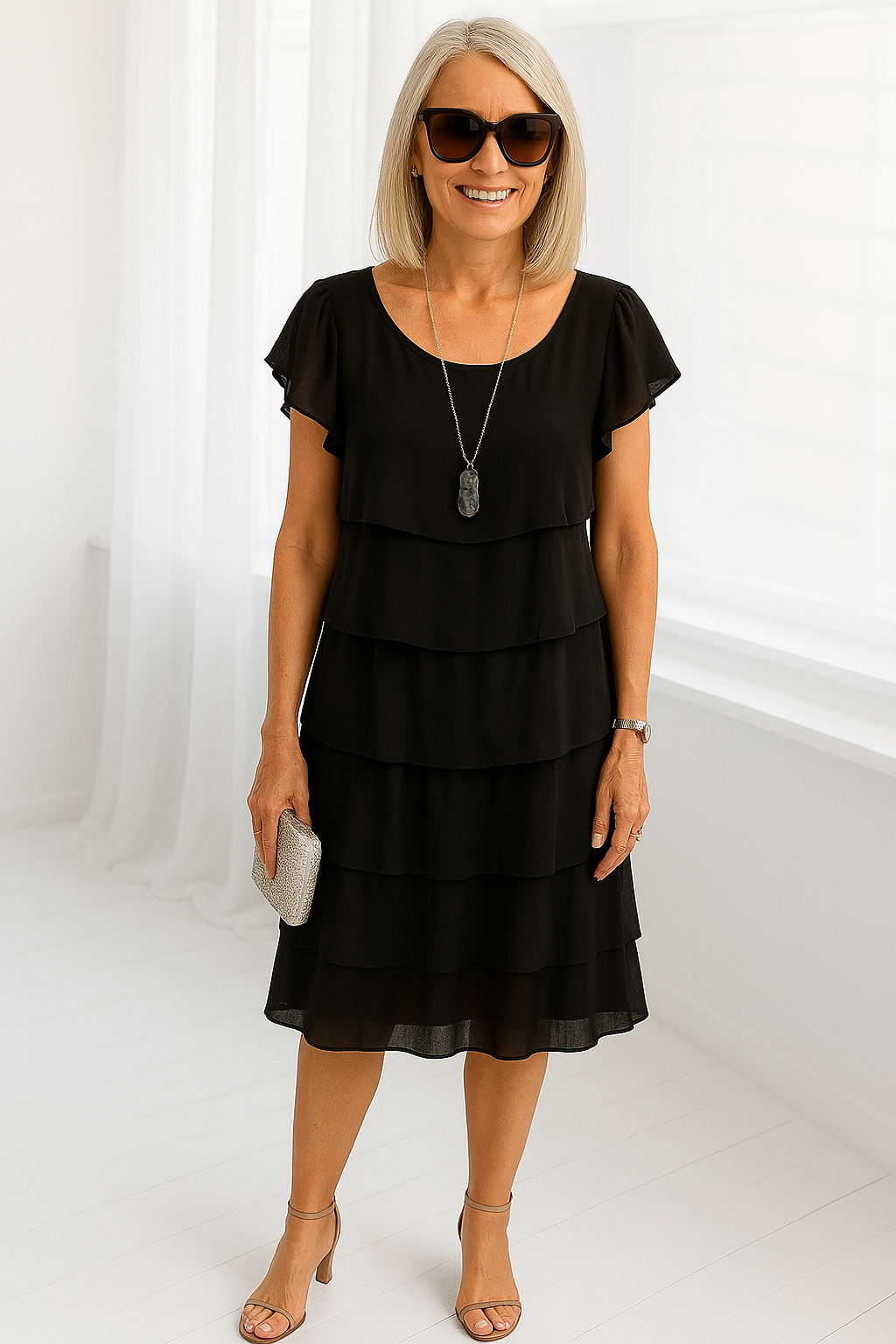 Arelis | Vestido Midi para Mujer con Capas y Mangas Cortas