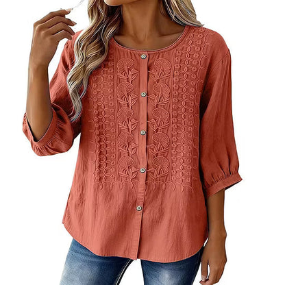 Blusa bordada para mujer de algodón y lino con mangas 3/4