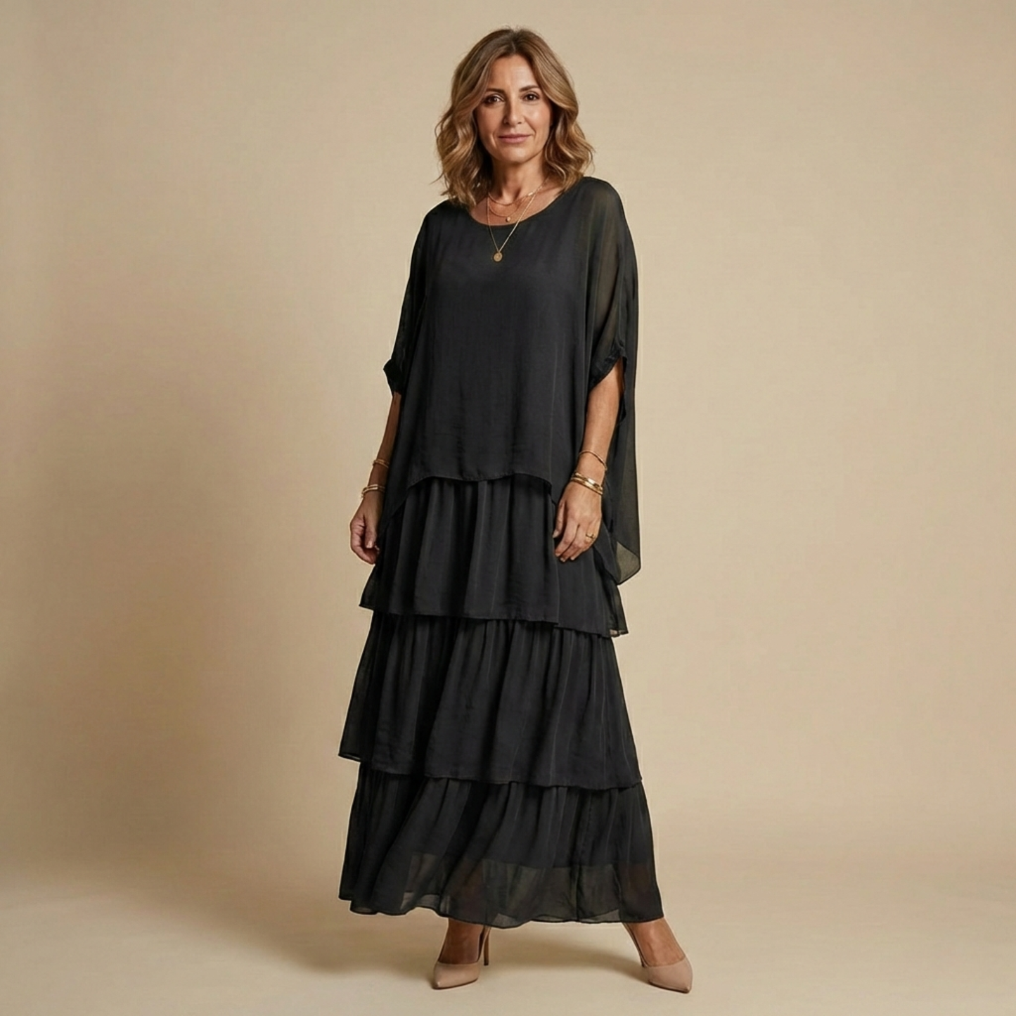 Vestido Largo Mujer Corte Amplio Elegante – Diseño Fluido en Capas y Manga Suelta