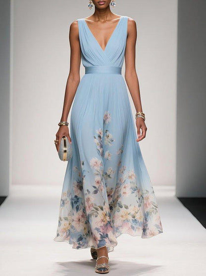 Daniela | Vestido maxi de mujer con estampado floral y escote en V