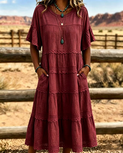 Vestido largo para mujeres de algodón y lino con volantes