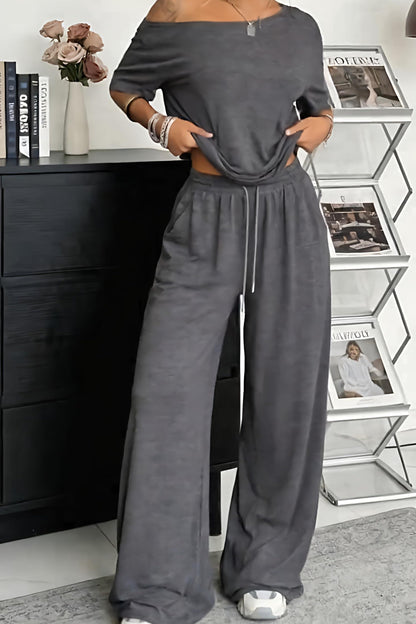 Conjunto mujer hombro descubierto pantalón amplio casual