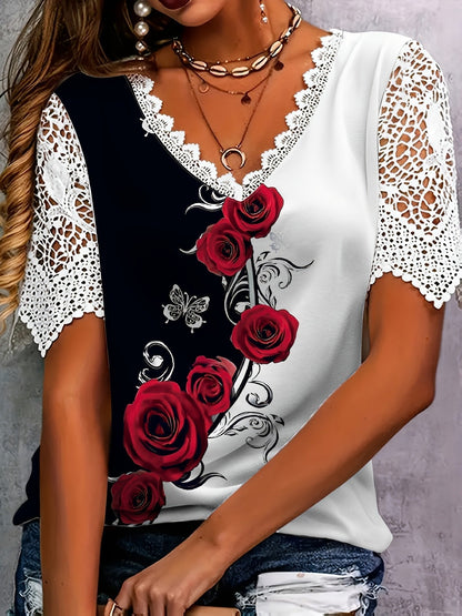 Top de dama con escote en V floral y mangas de encaje
