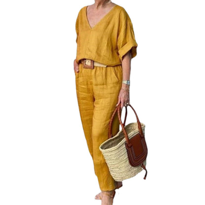 Conjunto mujer cuello V pantalón recto bolsillos casual chic