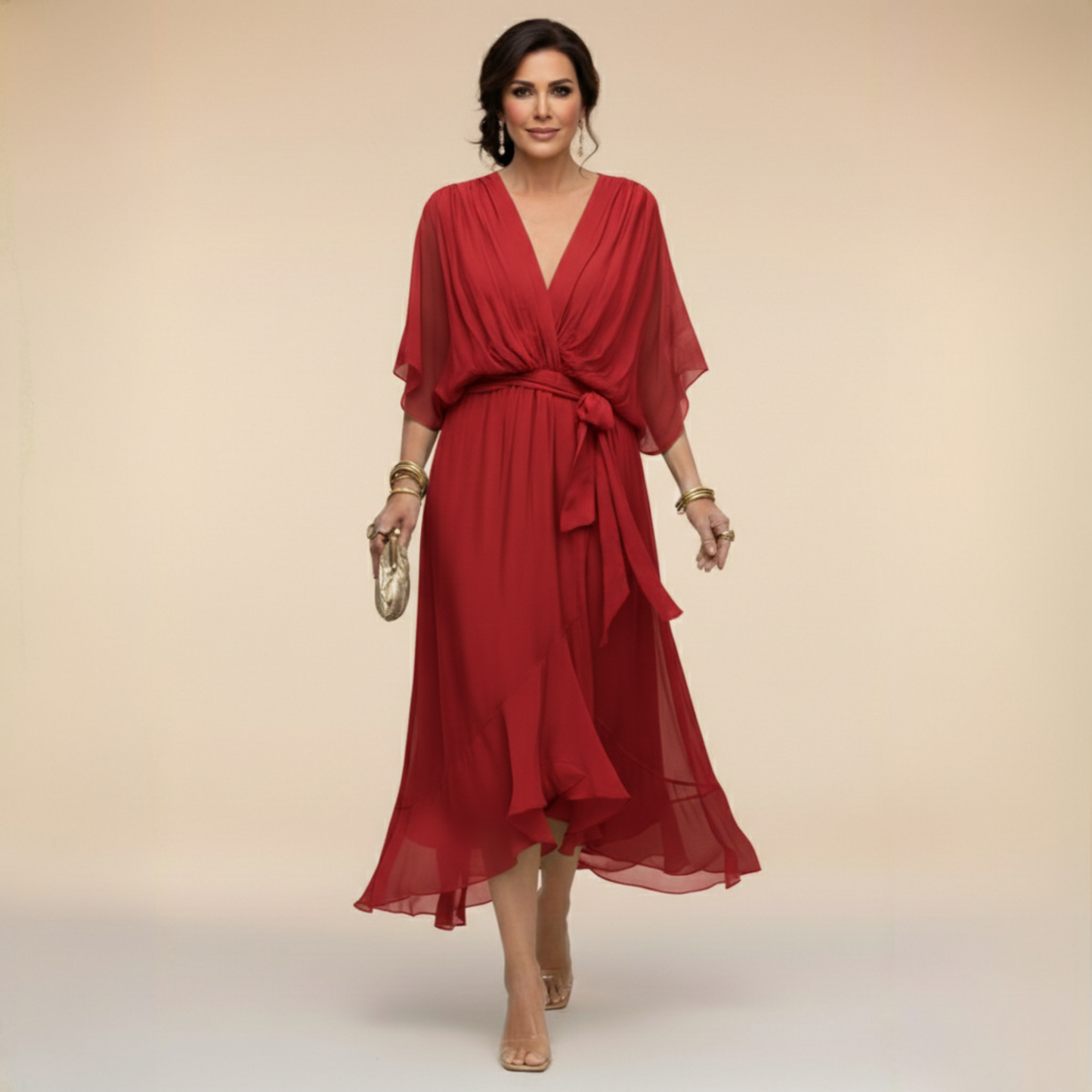Vestido Midi Mujer Elegante Fluido – Escote V y Cintura Ajustable