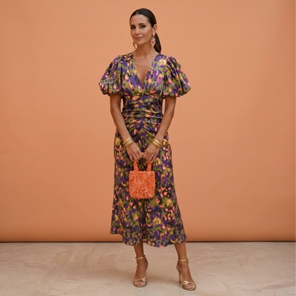 Vestido primavera mujer escote V con mangas abullonadas – estilo elegante femenino