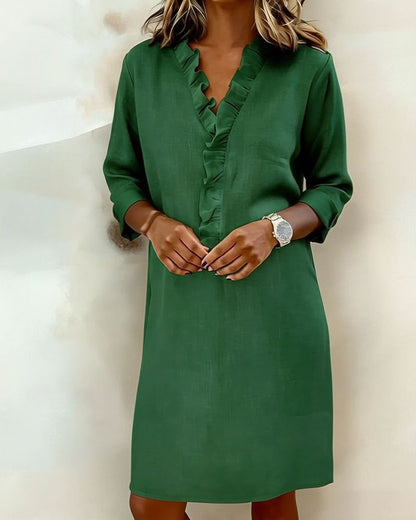 Vestido mujer lino algodón escote V volantes elegante casual