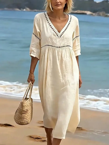 Vestido mujer algodón cuello V fluido – casual verano elegante