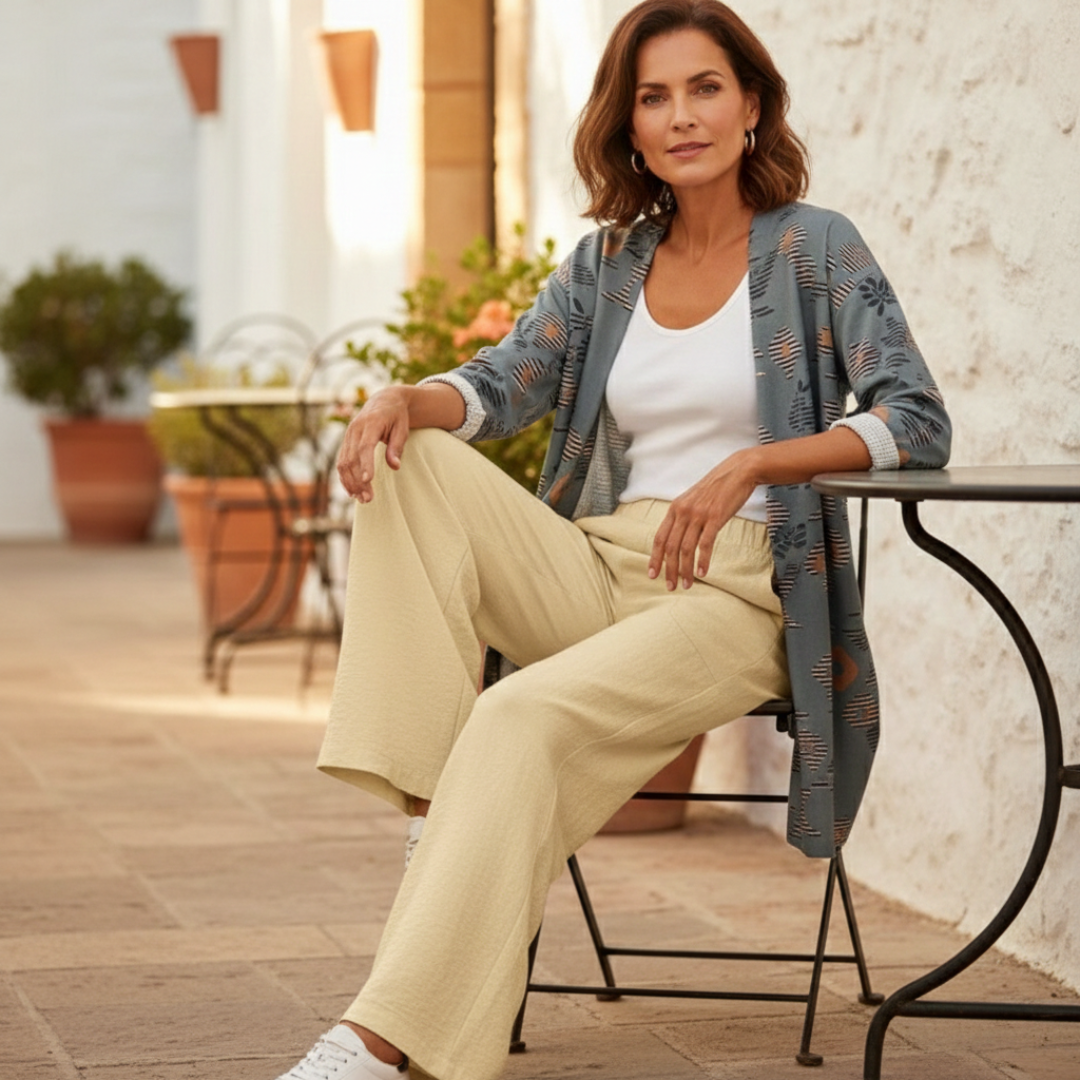 Aitana | Pantalones Fluidos Rectos Mujer Pernera Ancha Cintura Elástica Bolsillos