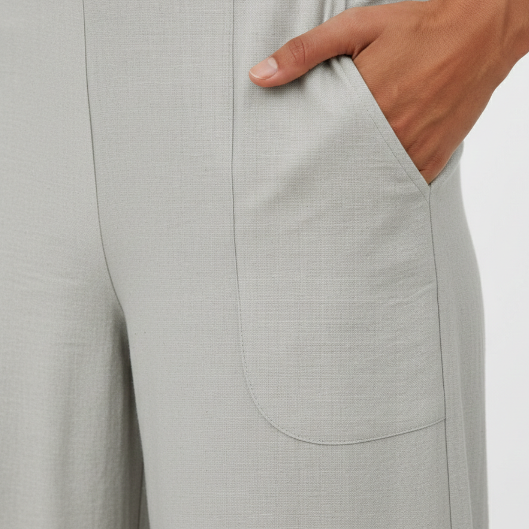 Aitana | Pantalones Fluidos Rectos Mujer Pernera Ancha Cintura Elástica Bolsillos