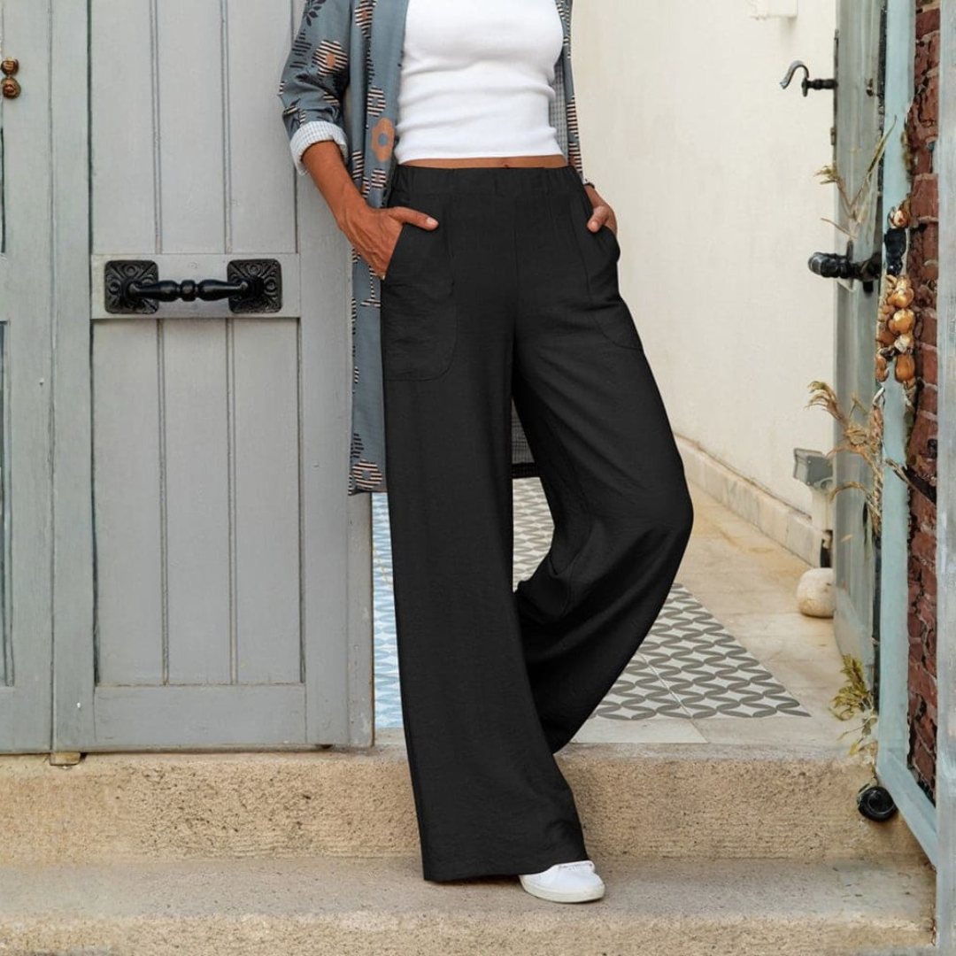 Aitana | Pantalones Fluidos Rectos Mujer Pernera Ancha Cintura Elástica Bolsillos