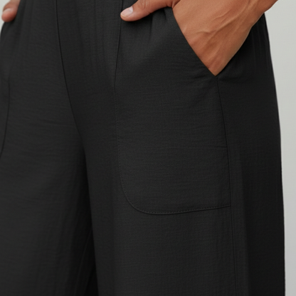 Aitana | Pantalones Fluidos Rectos Mujer Pernera Ancha Cintura Elástica Bolsillos