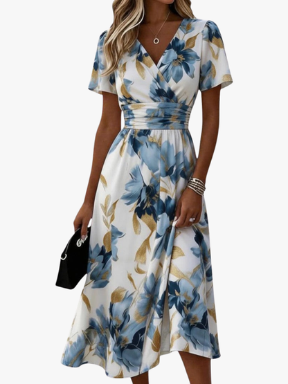Vestido midi poliéster floral con cuello cruzado para cenas
