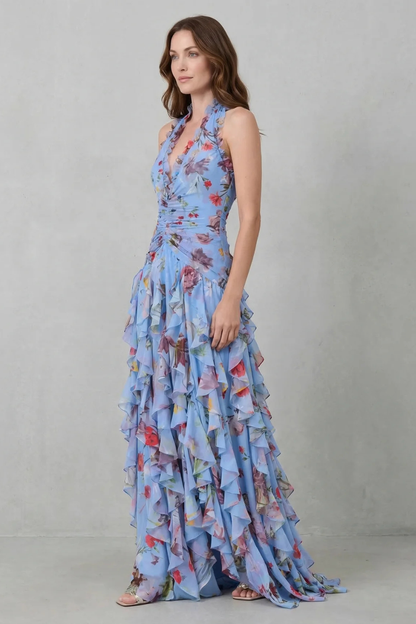 Belladina | Romántica Cascada de Rosas Vestido Largo con Escote Americano