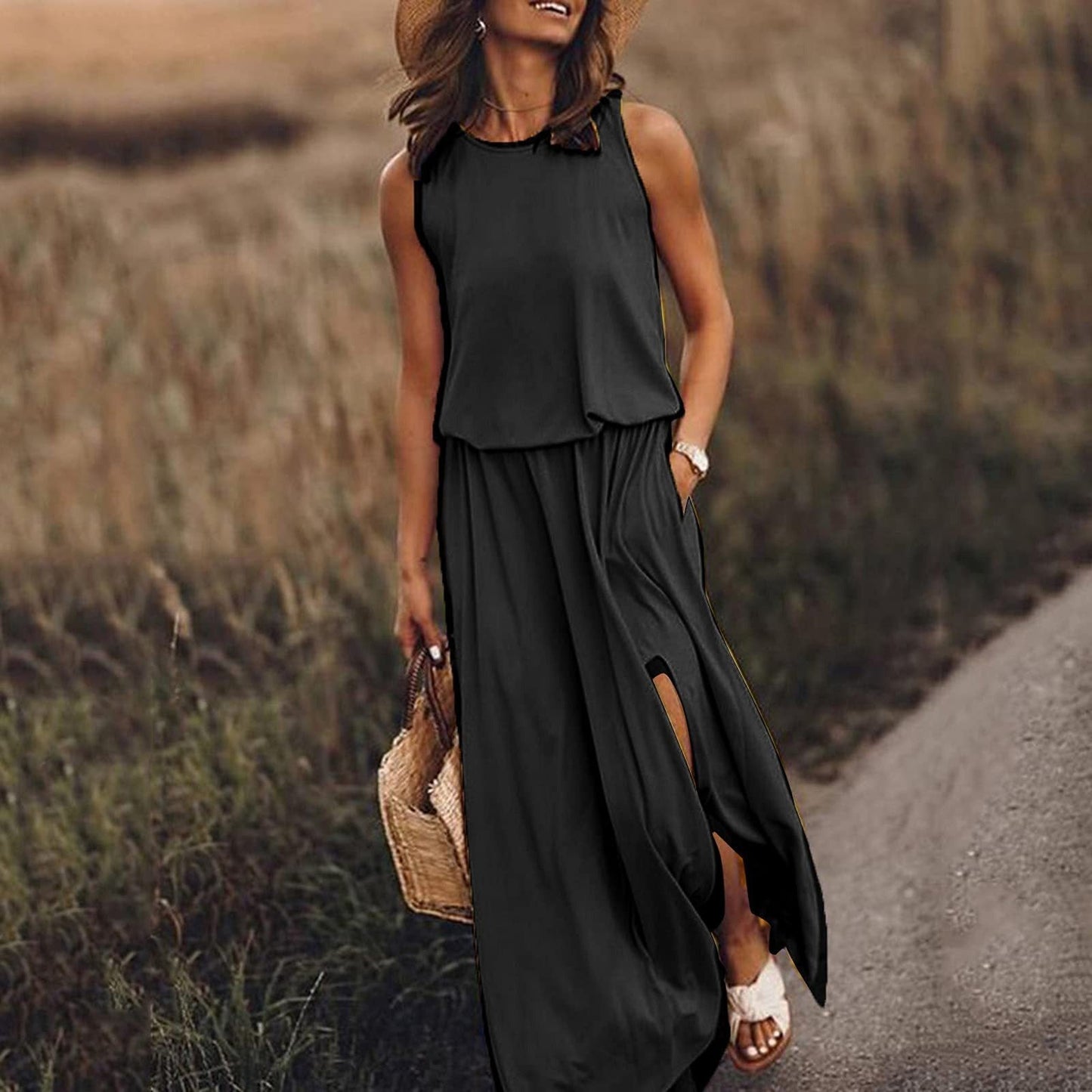 Kariela | Vestido maxi elegante para mujer con abertura lateral | Sin mangas