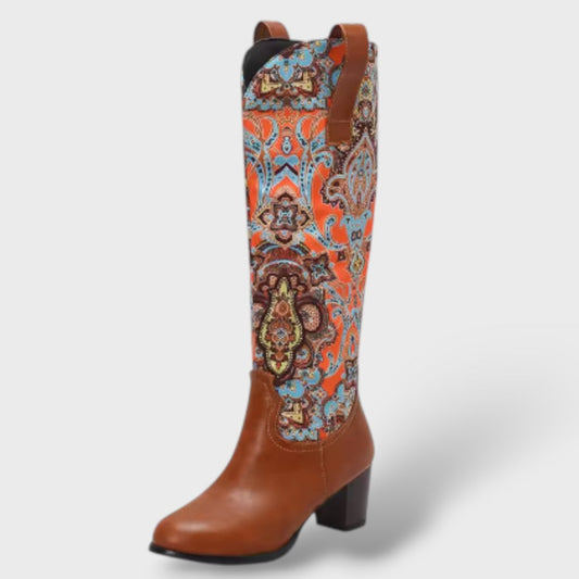 Botas Mujer Altas Florales Tacón Cuadrado