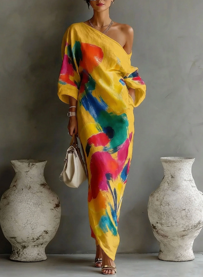 Vestido mujer asimétrico con estampado artístico colorido