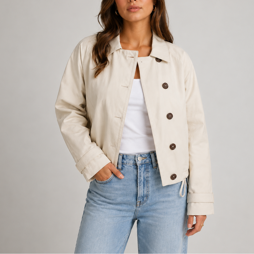 Chaqueta corta premium para mujer – Chaqueta ligera de botones con cuello clásico