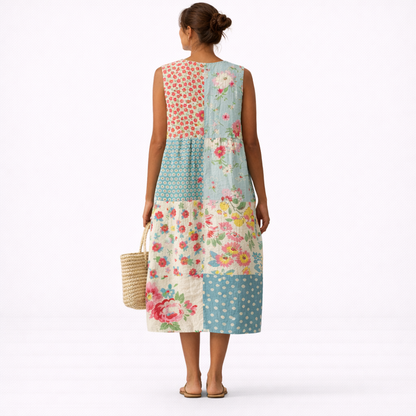 Vestido midi mujer algodón viscosa patchwork floral sin mangas
