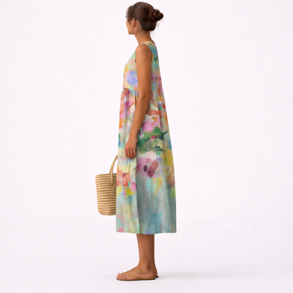Vestido midi mujer sin mangas estampado multicolor con bolsillos