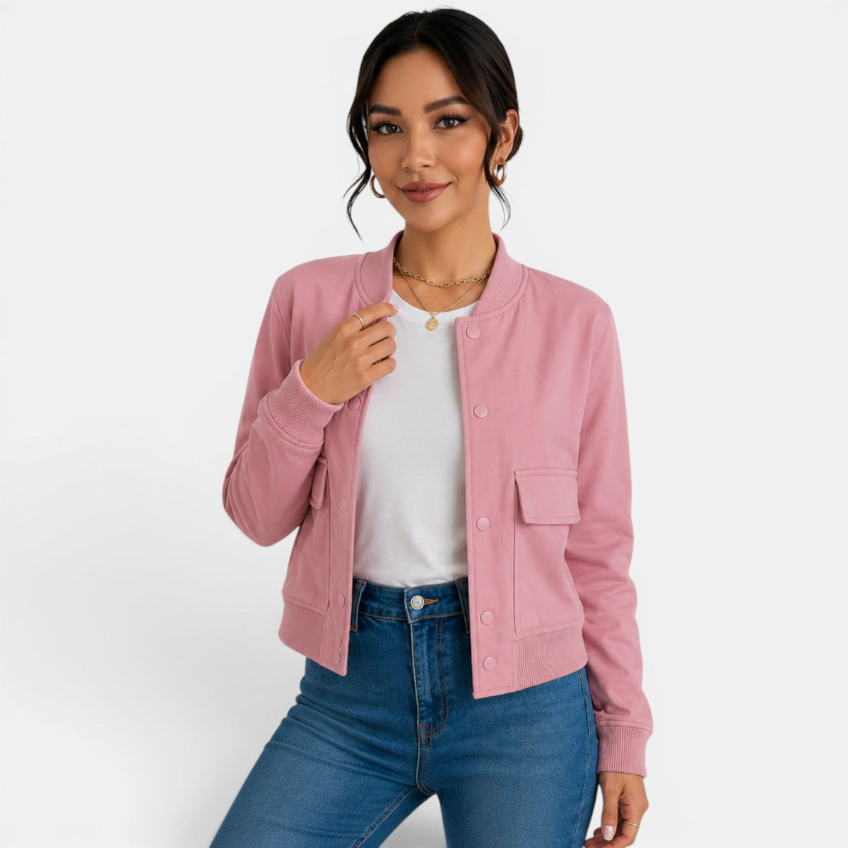 Chaqueta bomber ligera con botones para mujer