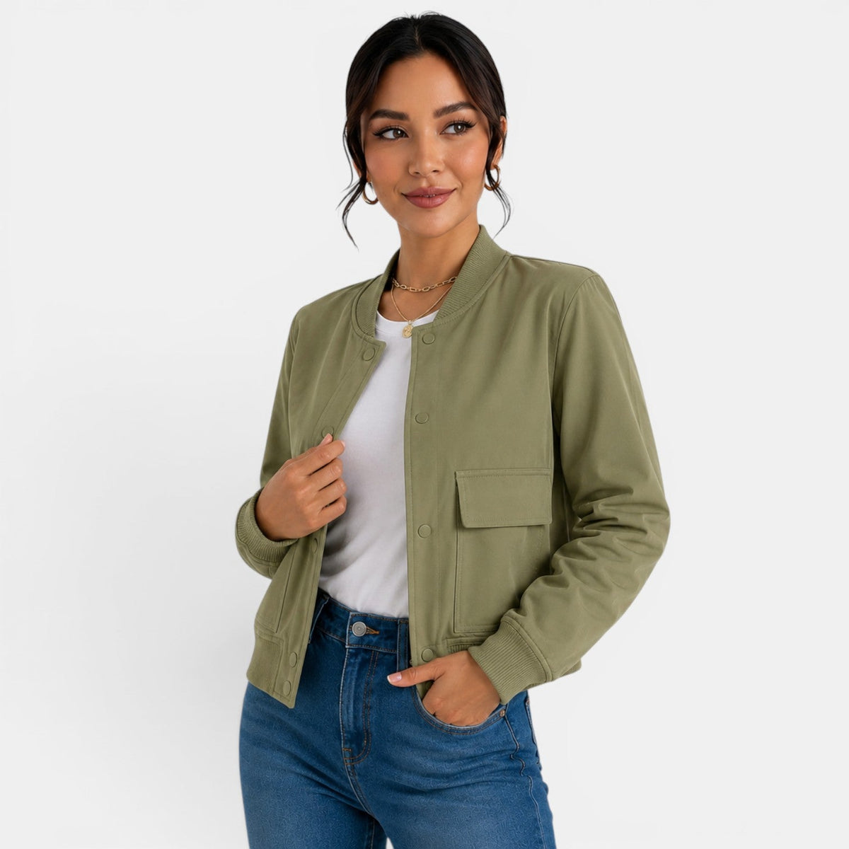Chaqueta bomber ligera con botones para mujer