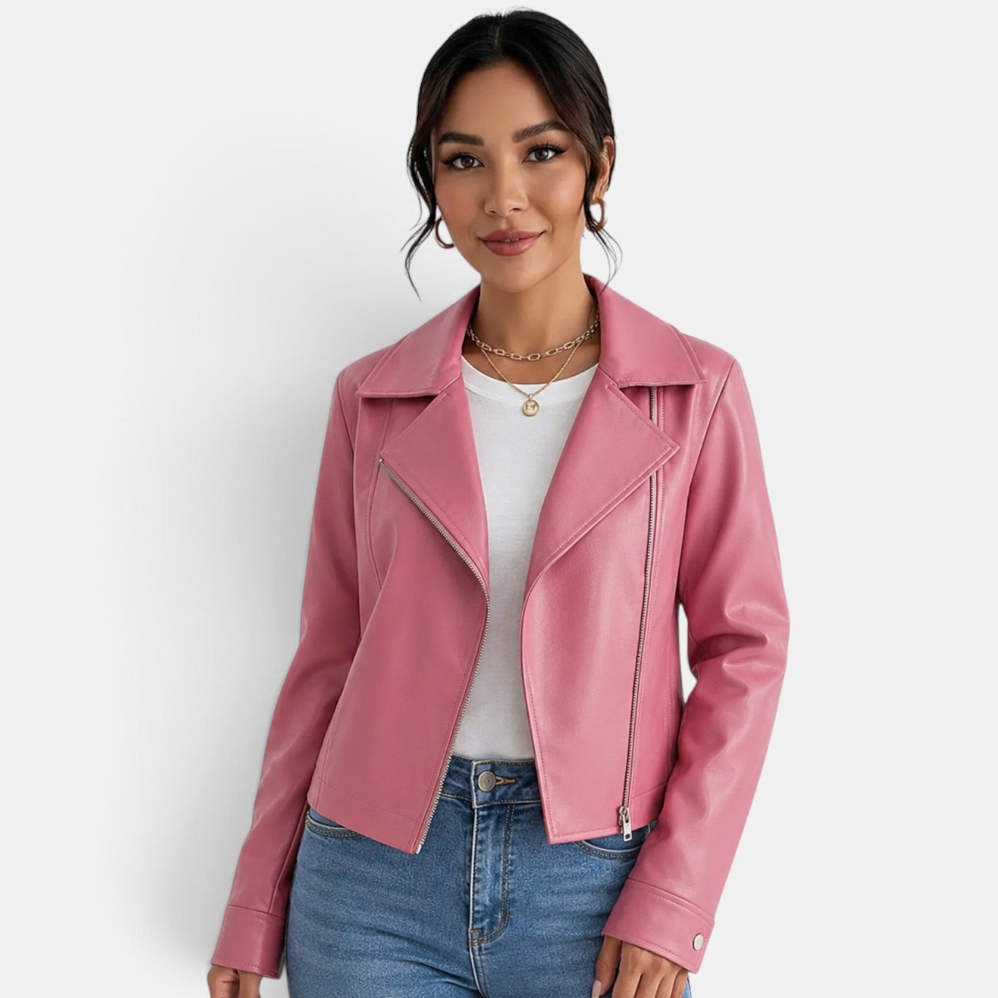 Chaqueta de cuero rosa para mujer de otoño