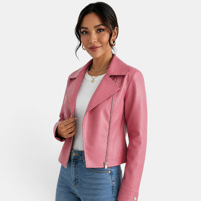 Chaqueta de cuero rosa para mujer de otoño