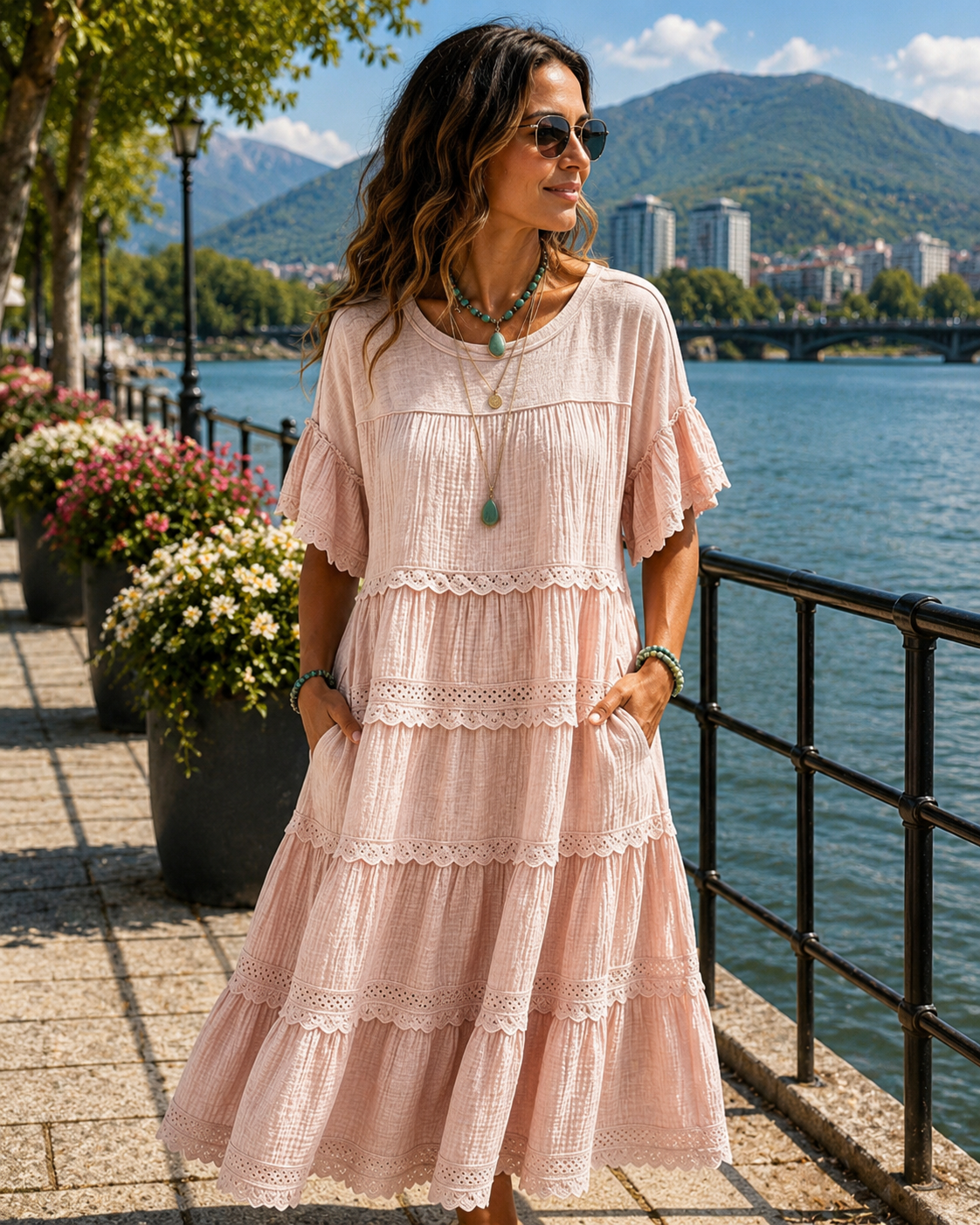 Vestido largo para mujeres de algodón y lino con volantes