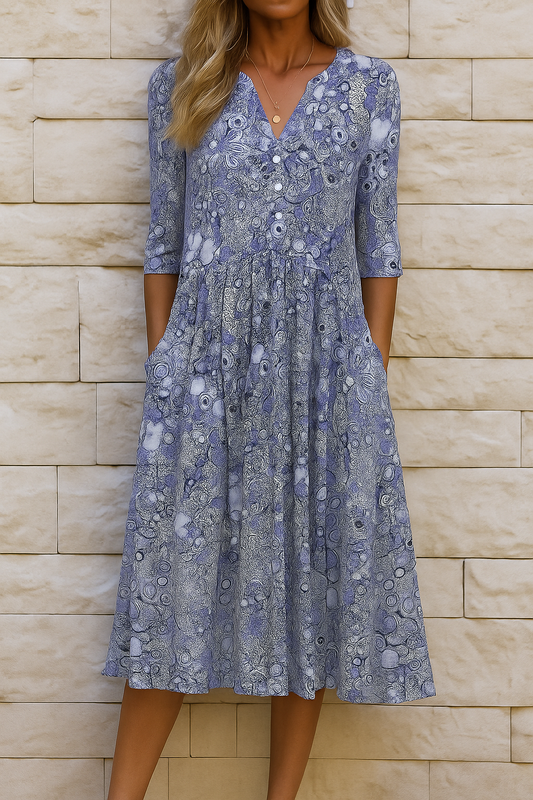 Vestido midi para mujer con escote en V y mangas tres cuartos