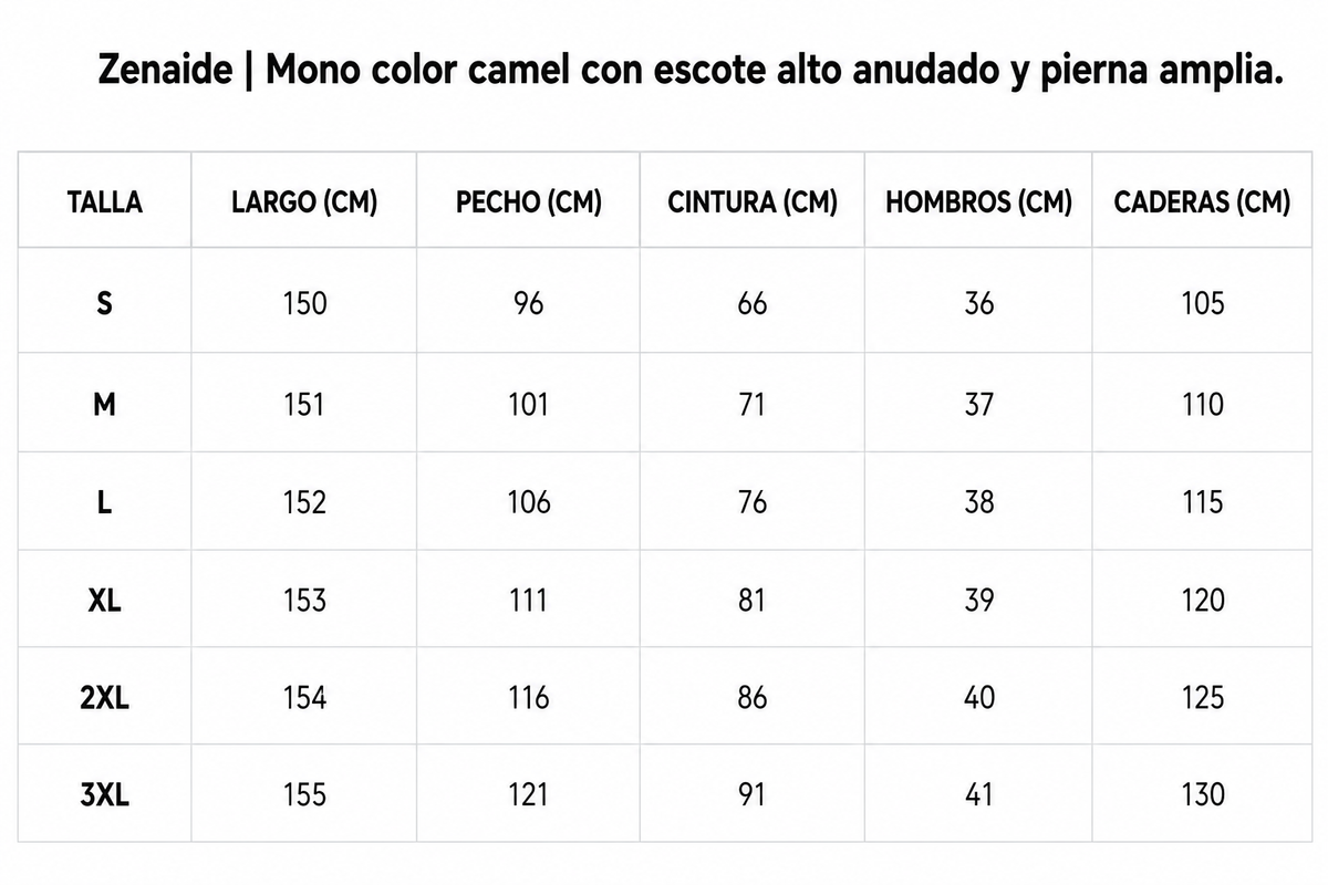 Zenaide | Mono color camel con escote alto anudado y pierna amplia — guía de tallas