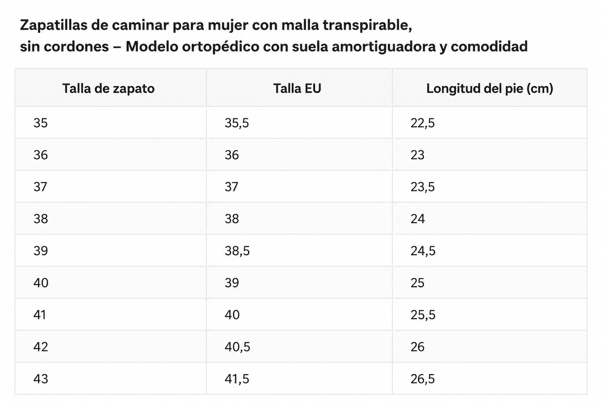 Zapatillas de caminar para mujer con malla transpirable, sin cordones – Modelo ortopédico con suela amortiguadora y comodidad — guía de tallas