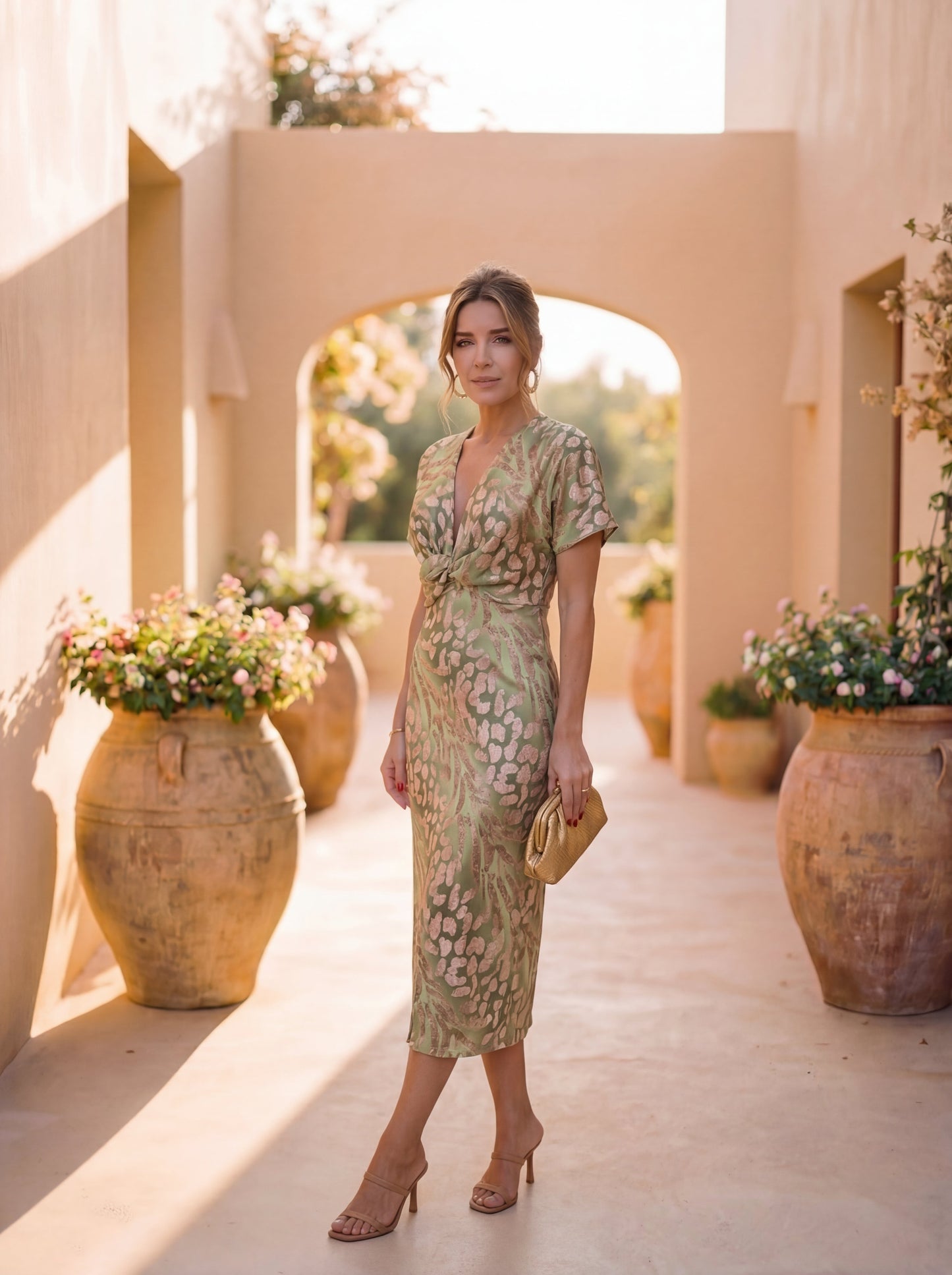 Vestido mujer midi elegante estampado – vestido fluido con lazo cintura