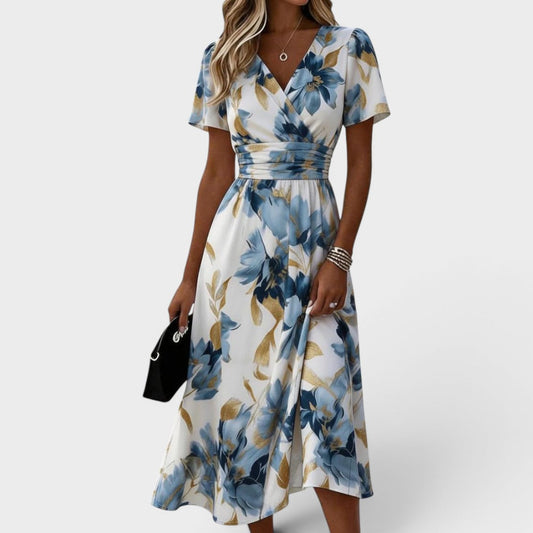 Vestido midi poliéster floral con cuello cruzado para cenas