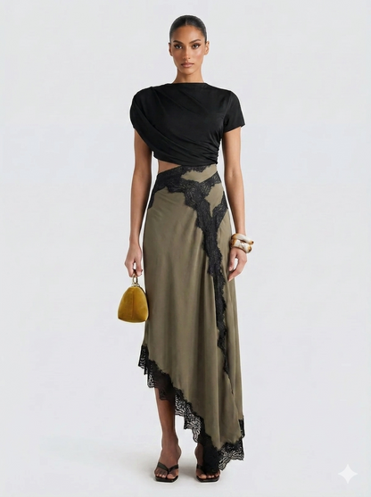 Conjunto mujer top asimétrico falda maxi encaje elegante