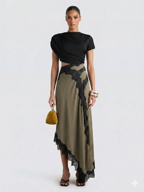 Conjunto mujer top asimétrico falda maxi encaje elegante