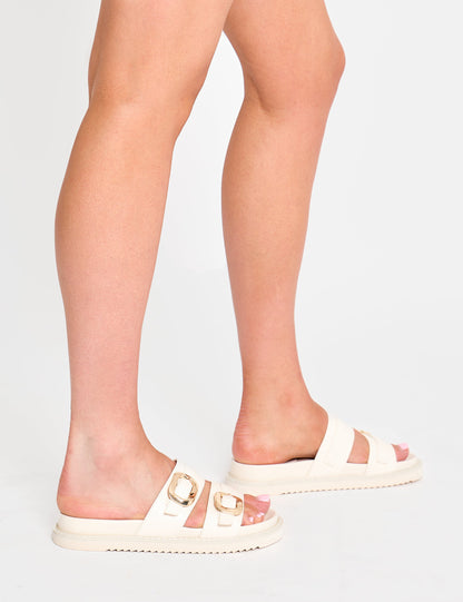 Sandalias deslizantes con doble correa y detalle de hebilla en PU - Lapis Cream