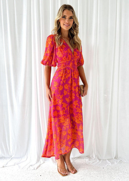Asun | Vestido midi floral con mangas abullonadas para mujer