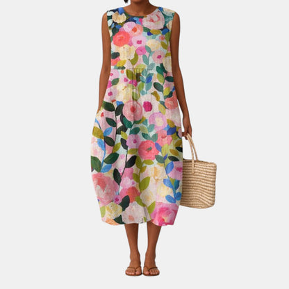 Vestido midi mujer algodón viscosa floral sin mangas verano