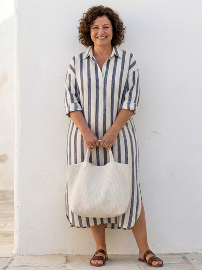 Vestido midi para mujer con rayas verticales y cuello camisero