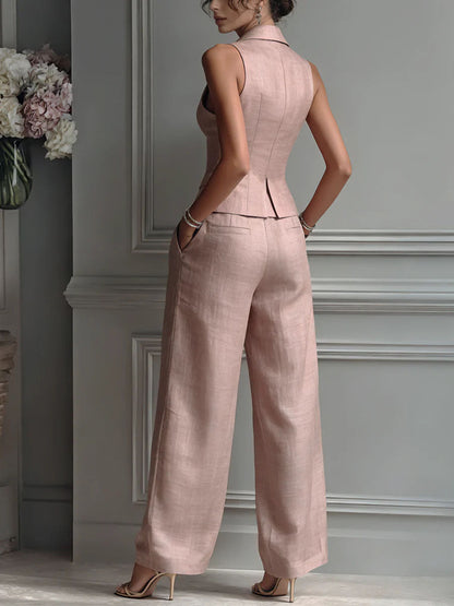 Conjunto mujer elegante chaleco V pantalón amplio