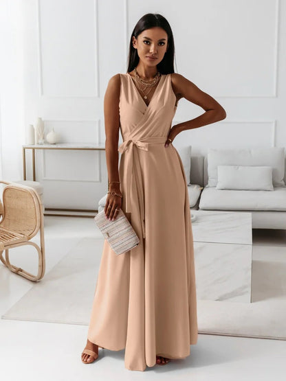 Aurea | Vestido maxi con cinturón y escote en V para mujer