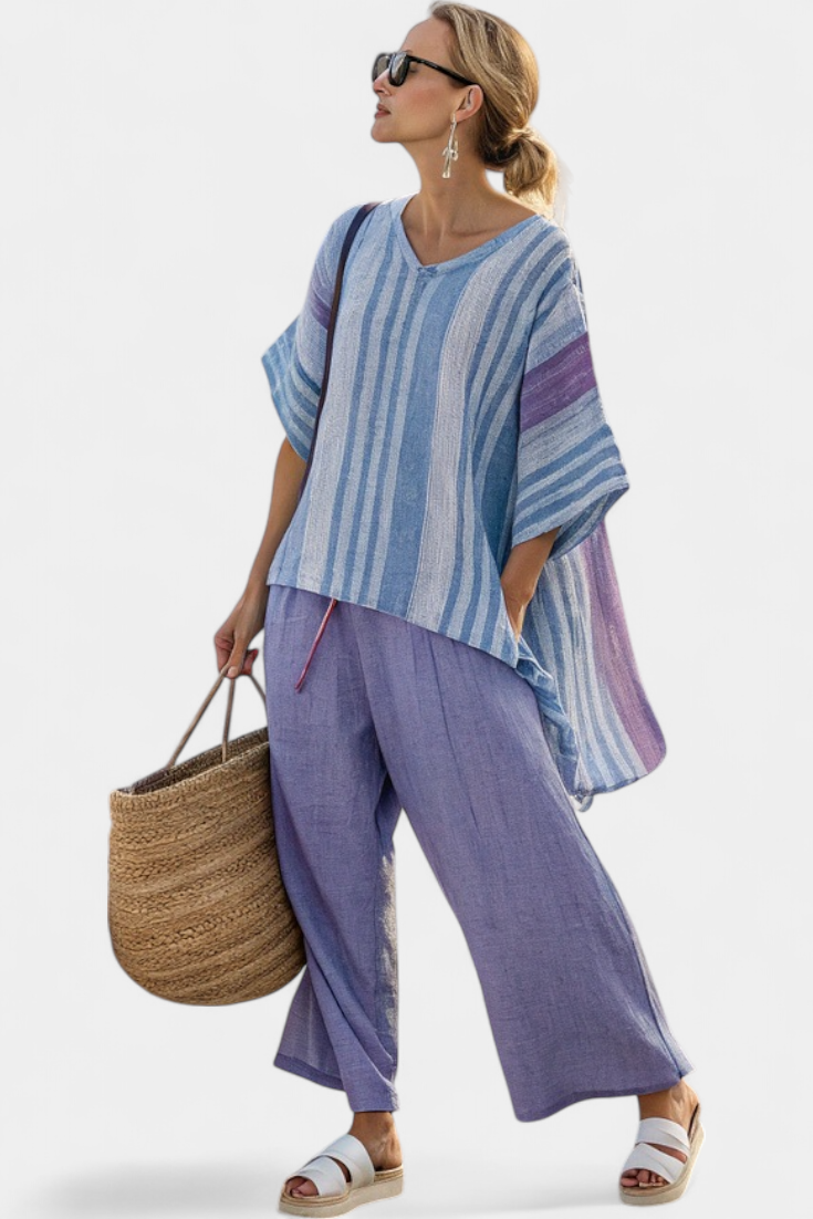 Carlotta – Top elegante en lavanda y azul cielo con pantalón de lino