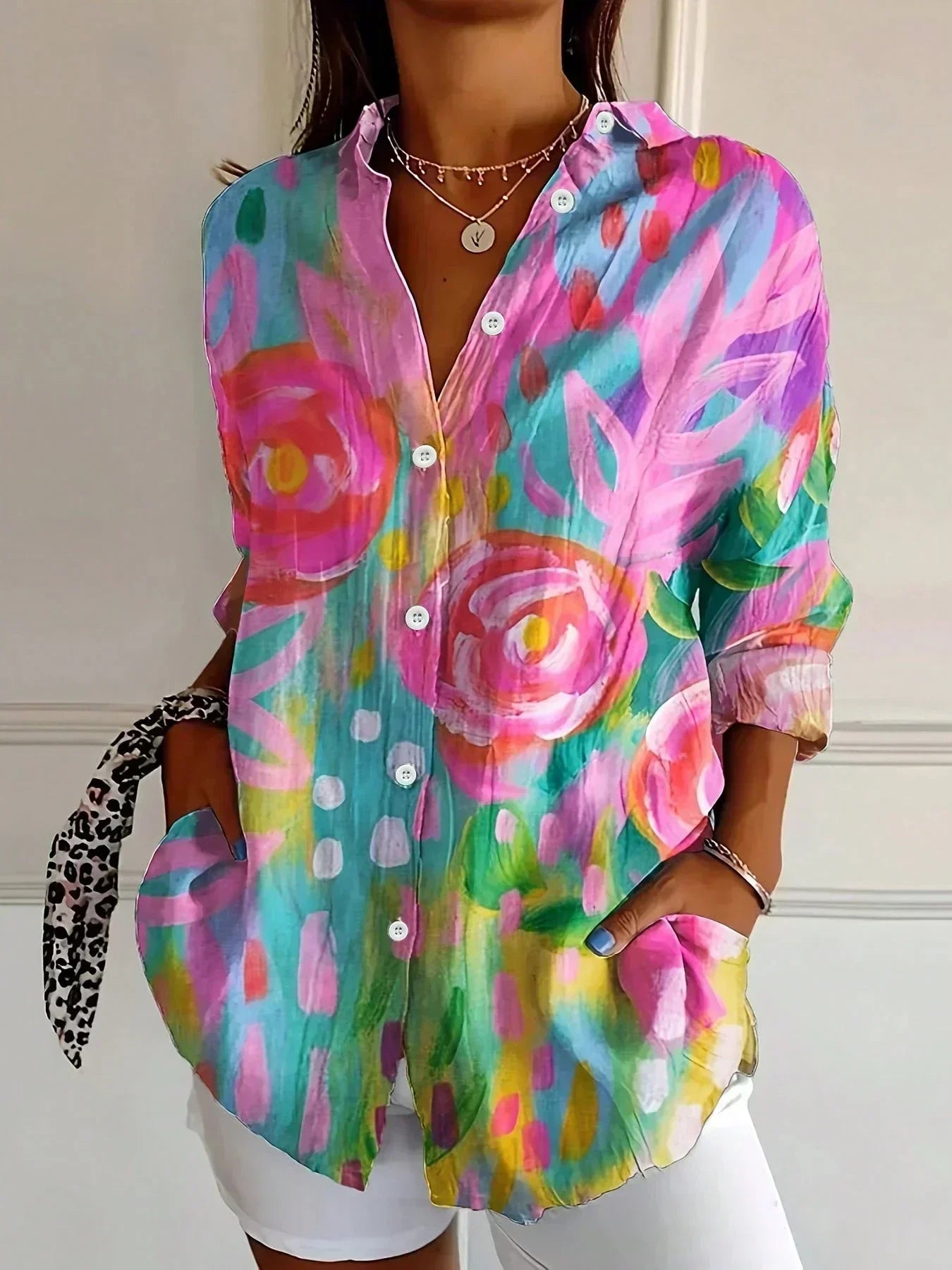 Blusa mujer estampada colorida manga larga – casual ligera verano