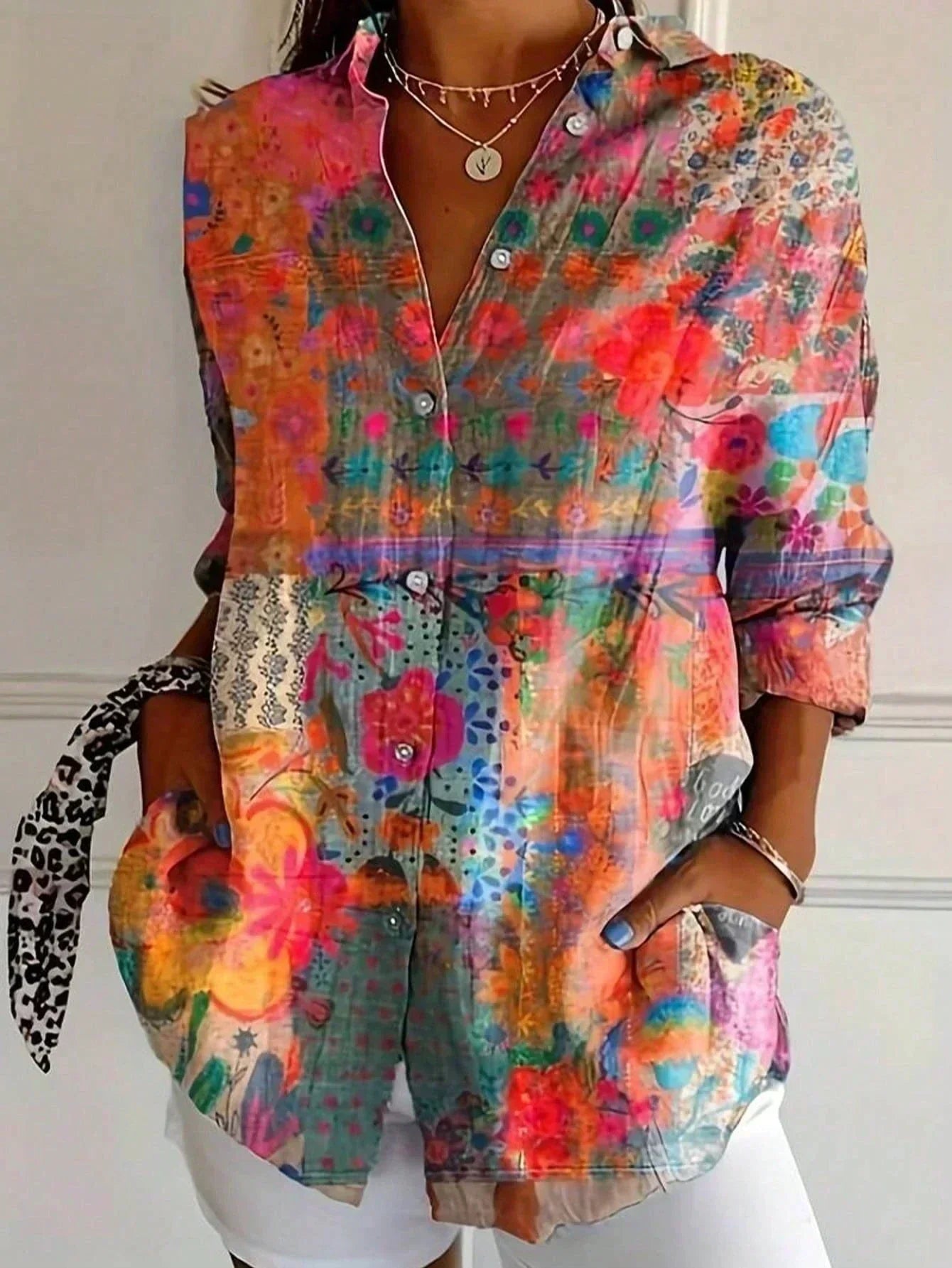 Blusa mujer estampada colorida manga larga – casual ligera verano